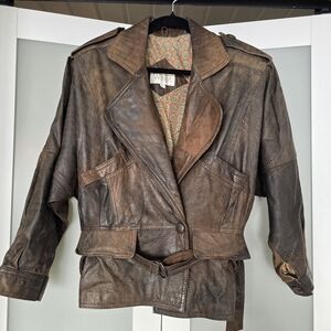 Winlit Vintage Leather Jacket Brown Cropped 80s Style Genuine Made in Korea M